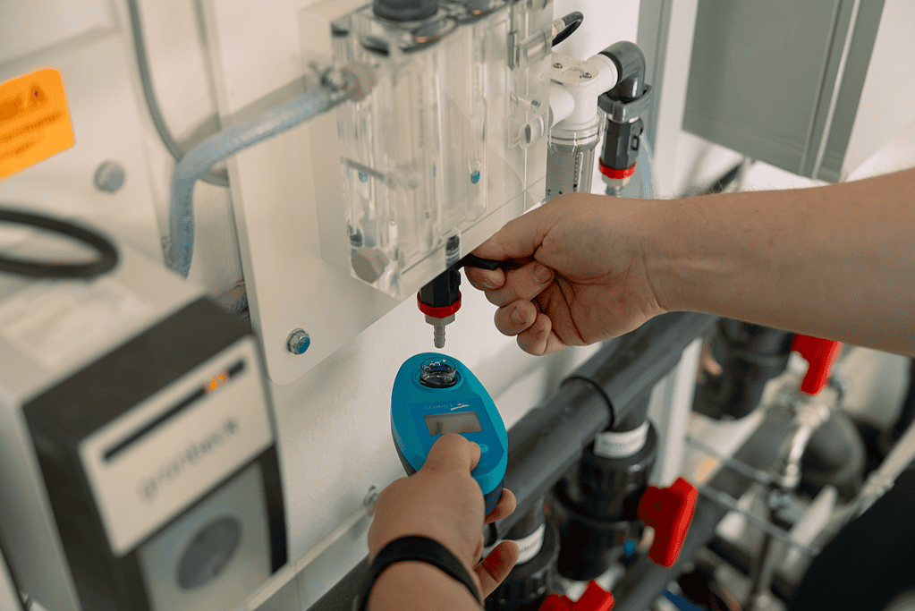 Poolbau Techniker installiert Pumpen und Rohrleitungen der Wasseraufbereitungsanlage