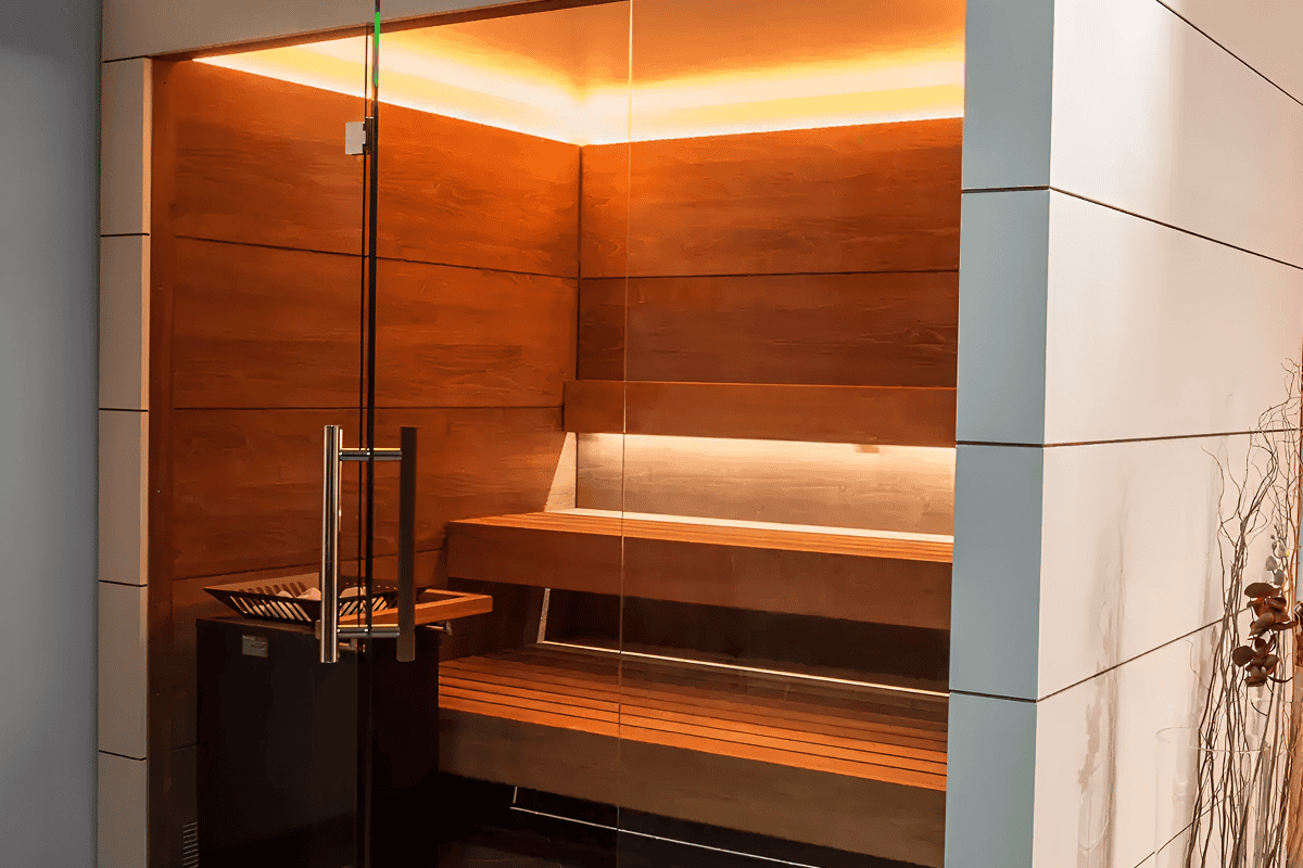Hochwertige Sauna mit warmem indirekten Licht und moderner Glasfront in edler Holzoptik