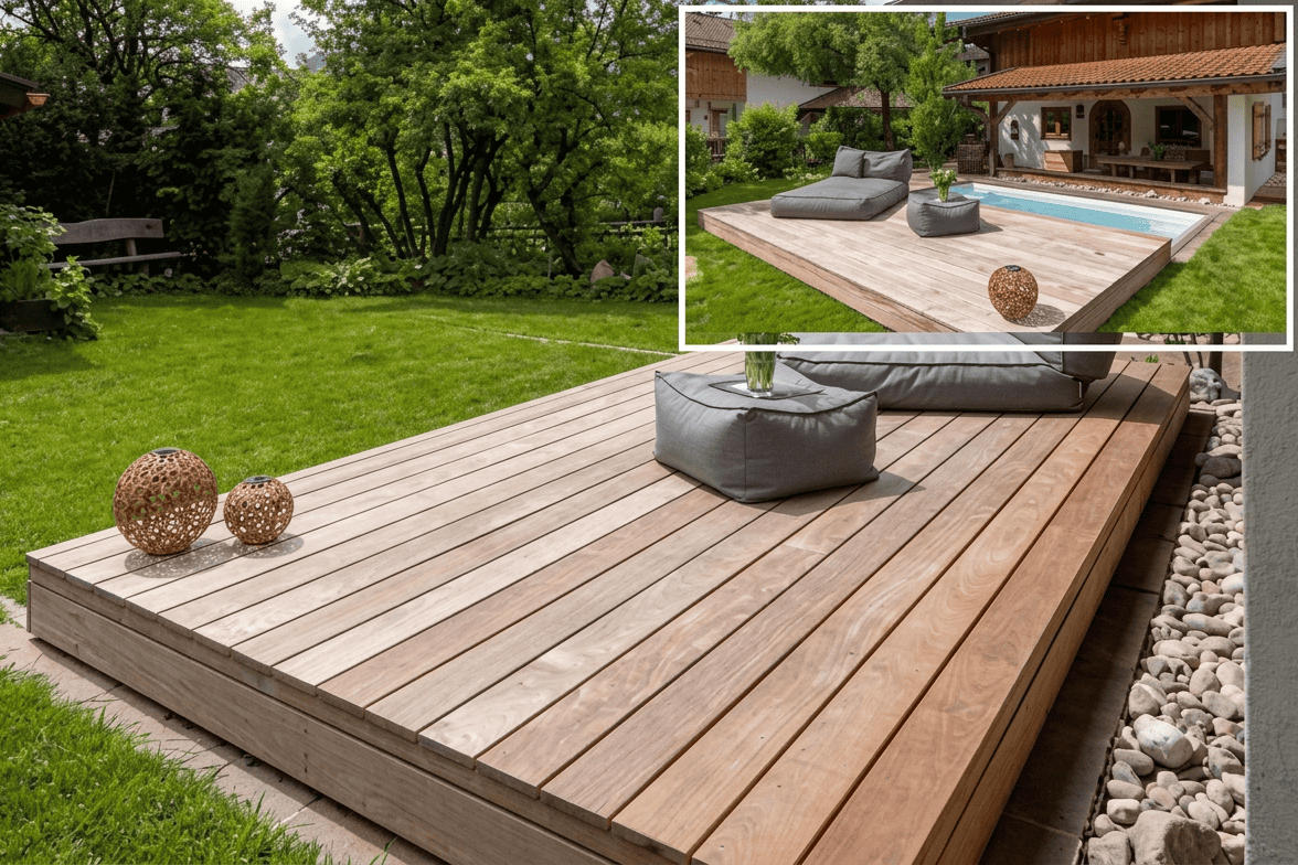 CSIDE Minipool im Garten mit Holz-Pooldeck als Minipool-Abdeckung.